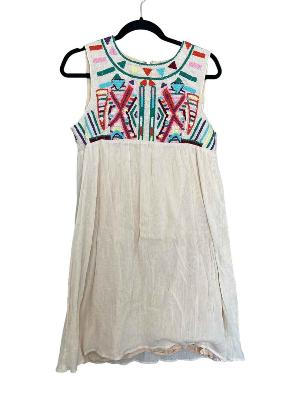 Gryphon Cream Sleeveless Dress with Multicolor Boho Embroidery